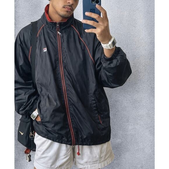 Vintage Y2K FILA Black Red Zip Front Nylon Windbreaker Jacket Large